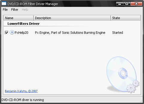 DVD/CD-ROM Filter Driver Manager软件界面